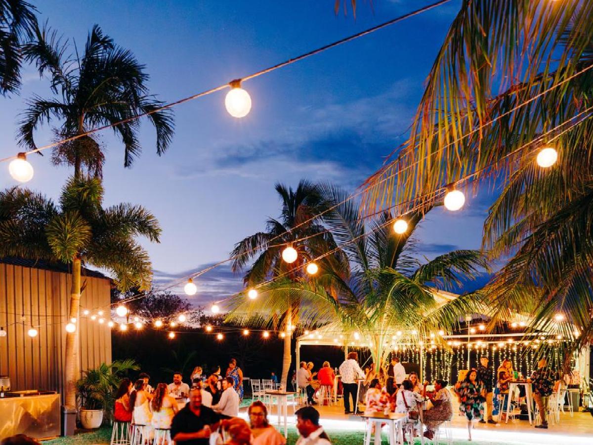 Outdoor evening party with string lights, palm trees, and people socializing under a clear, twilight sky.