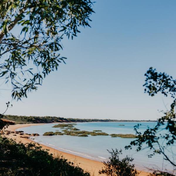 Scenic beach view with blue water, trees framing the foreground, and a clear sky.