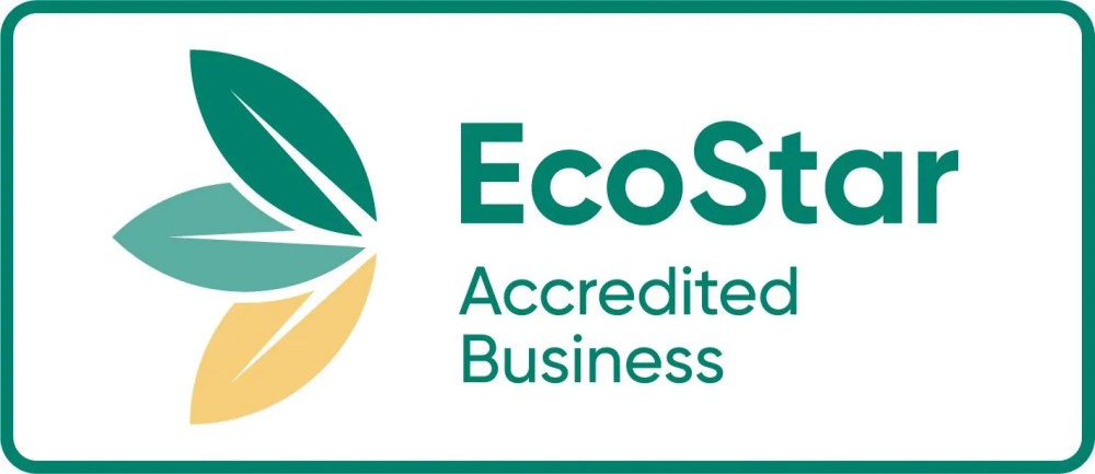 EcoStar Accredited Business logo with three overlapping leaves.