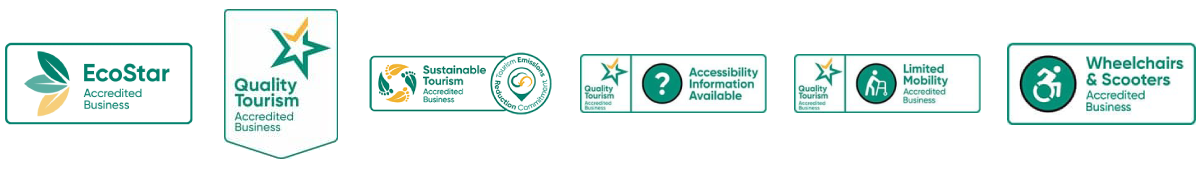 Six accreditation logos for eco, quality, sustainable tourism, and accessibility.