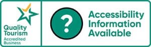 Logo with a star and 'Quality Tourism Accredited Business', text 'Accessibility Information Available' with a question mark.