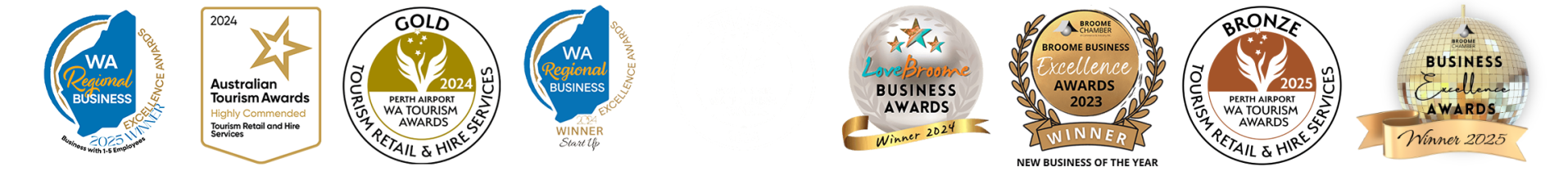 A row of eight award badges with various designs and colors.