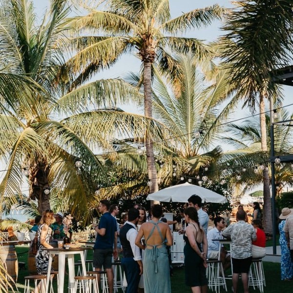 Outdoor gathering under palm trees with people standing and mingling around tables.