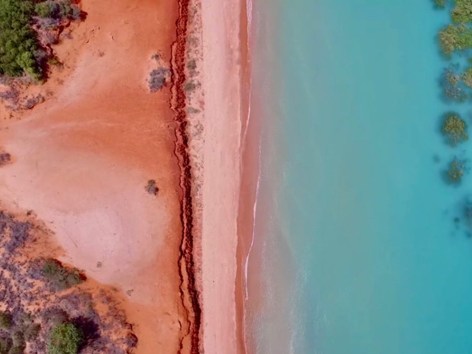 Aerial view of coastline with red soil and turquoise water, bordered by sparse vegetation.