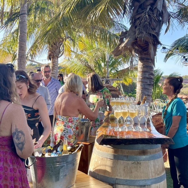 People socializing outdoors with drinks under palm trees at a bar with wooden barrels.