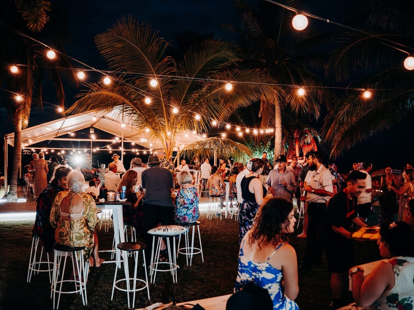 Outdoor evening gathering with people under string lights and palm trees.