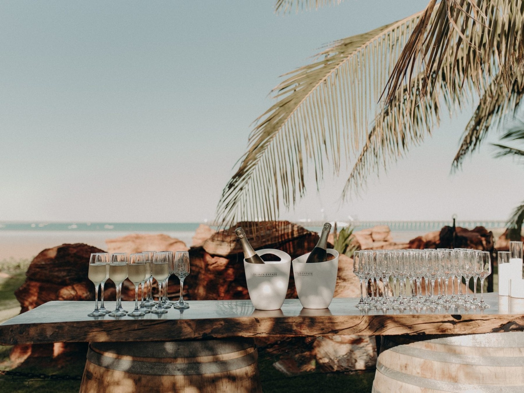 Outdoor setup with champagne flutes, bottles in ice buckets on a wooden table, and a palm tree.