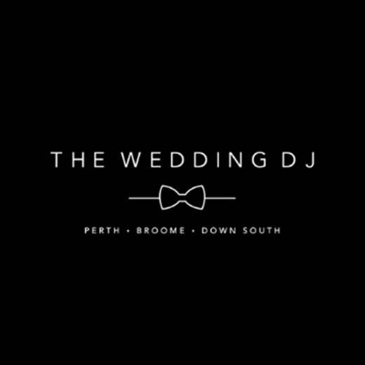 Logo with text 'The Wedding DJ' and a bow tie graphic, locations: Perth, Broome, Down South.