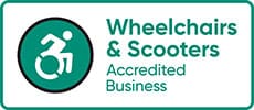 Logo with wheelchair icon and text: 'Wheelchairs & Scooters Accredited Business'.