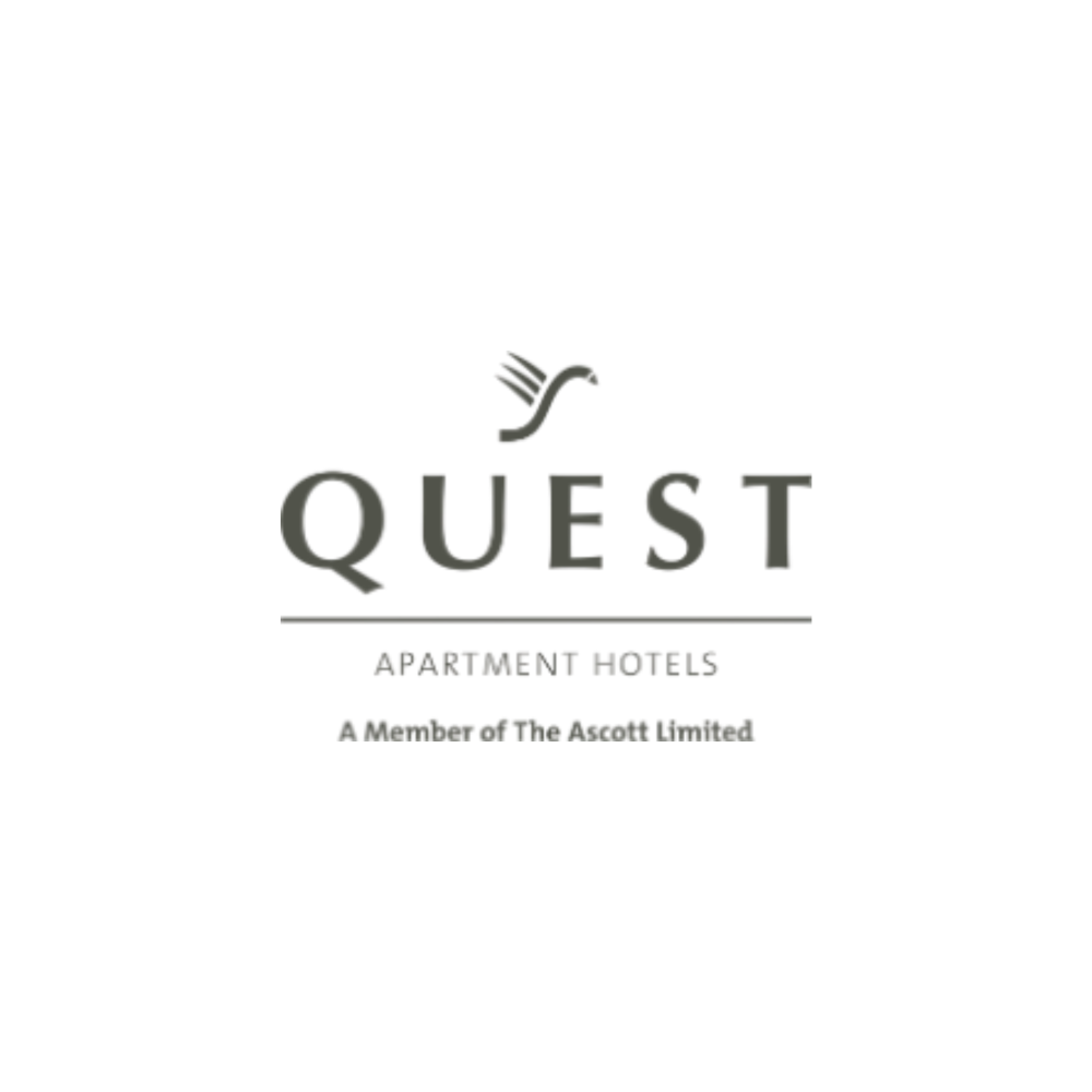 Quest Apartment Hotels logo with bird symbol.