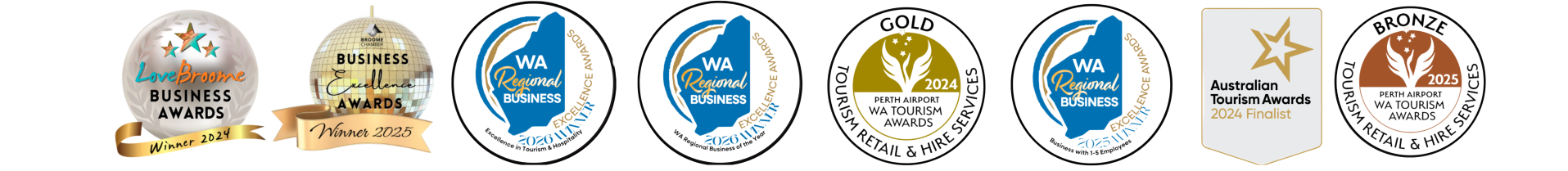 Seven business award logos in a row with various designs.